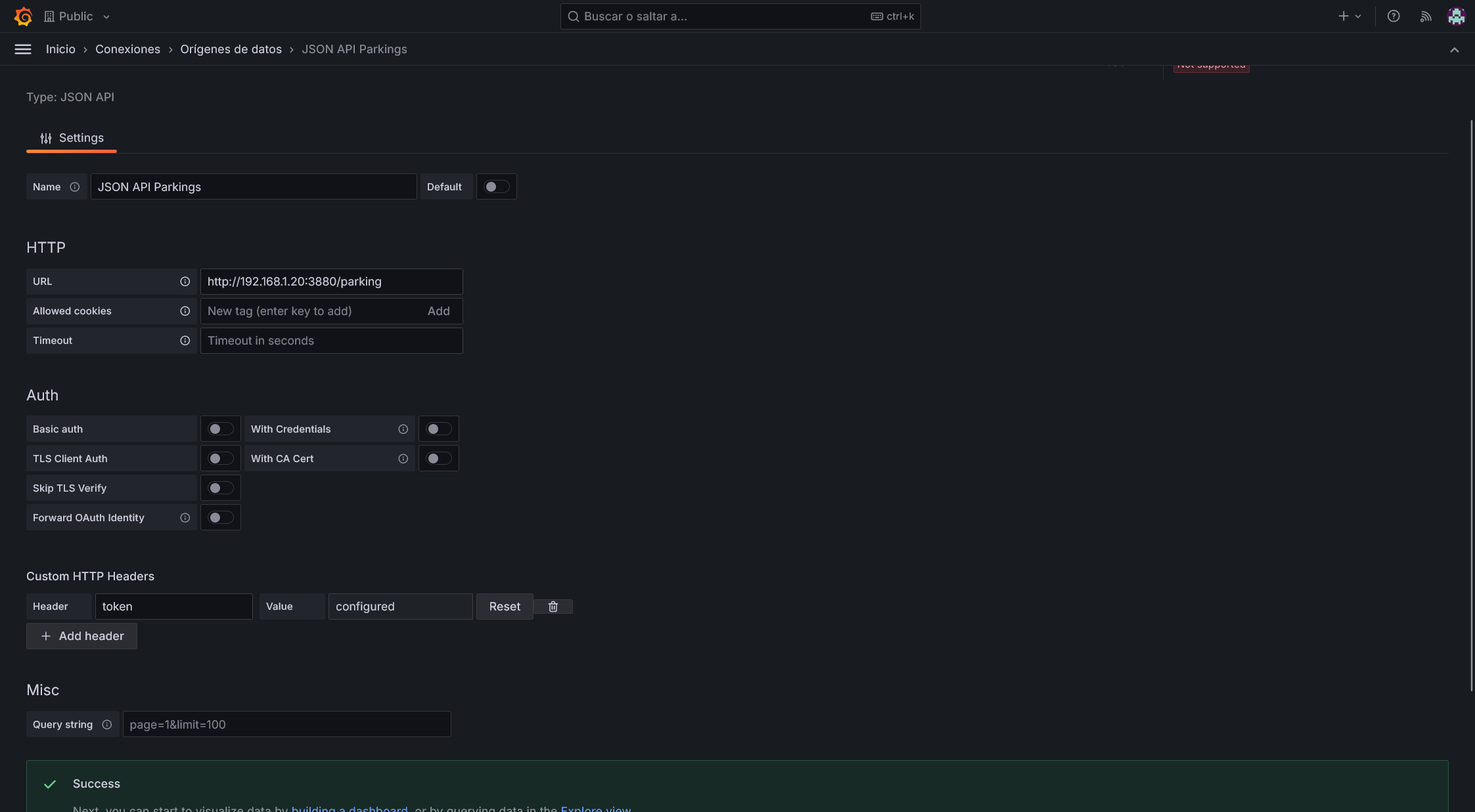 Datos para fuente de datos API JSON en Grafana