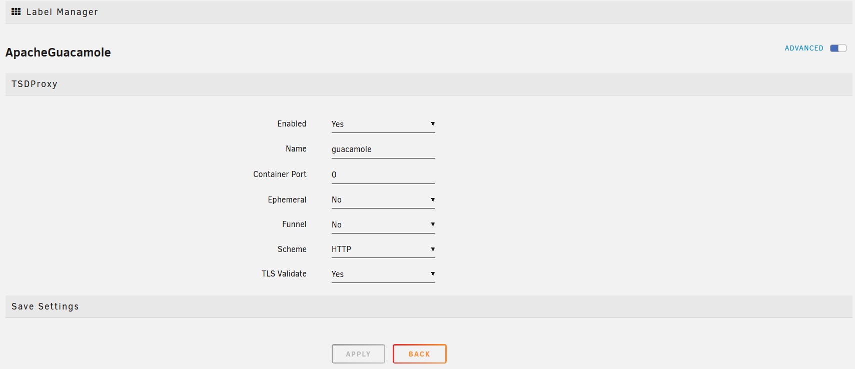 Configuracion contenedor en label manager en unraid