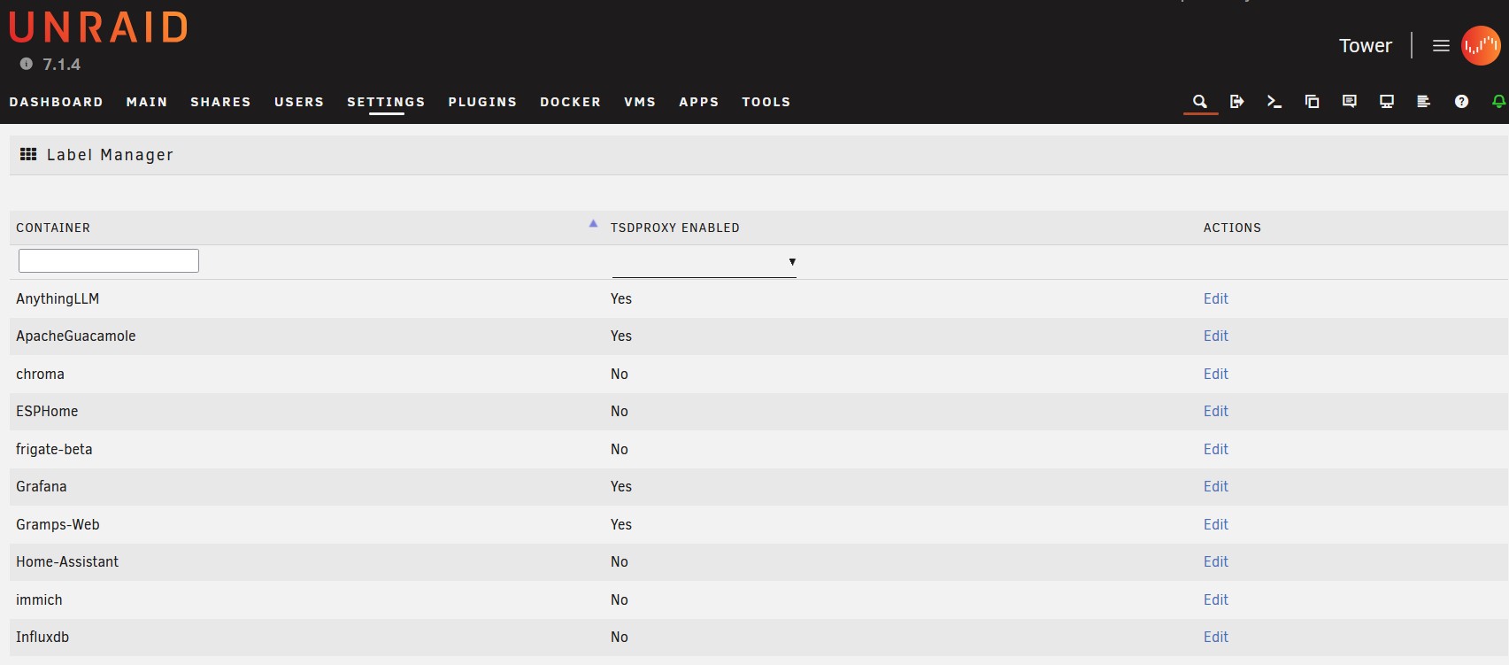 Listado de contenedores en plugin label manager en unraid