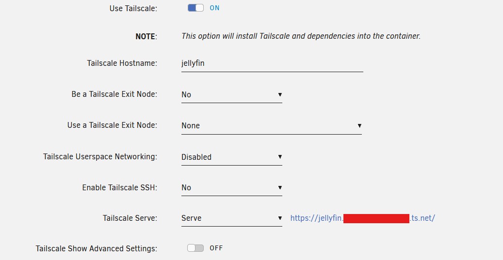 Contenedor docker en unraid configurado con tailscale